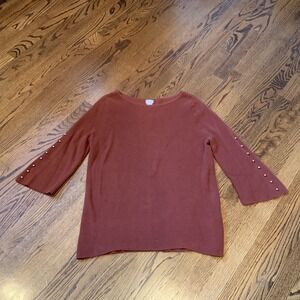 Chico's Long Sleeve Sz 2 8/10 Casual Pullover Rib Knit Sweater Gold Buttons EUC